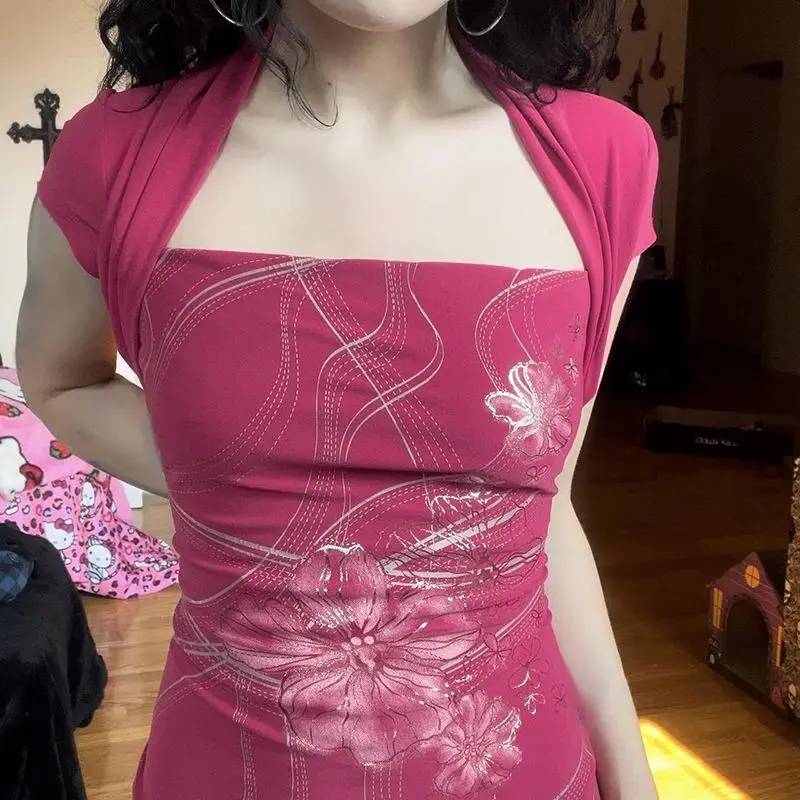 

Vintage Printed Hottie T-Shirt Short Sleeve Fake Two-Piece Top Summer