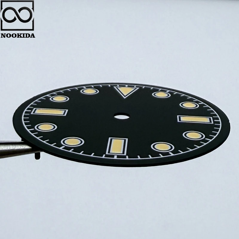 NOOKIDA 28.5mm Simple Green Luminous MOP Sterile Triangle Markers Vintage Watch Face Dial Suitable NH35 Automatic Movement Parts