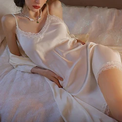 White Lace Trim Female Twinset Robe Set Nightgown Spring Summer Satin Sleepwear Lingerie Loose Bathrobe Home Dress Lounge Wear