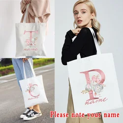 Women Shopping Bag Casual Large Capacity Shoulder Bags Canvas Pink Flower Letter Customize Name Print Simple Tote Bag Handbags