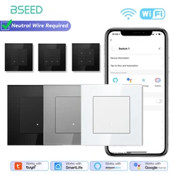 BSEED WIFI Schakelaars Serie 1/2/3/4Gang Muur Smart Click Lichtschakelaars Geel Backlight Glazen Frame EU Standaard Tuya APP Schakelaar