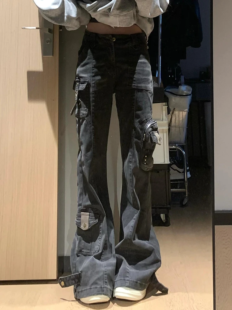 Retro American Street Heavy Duty Washed Pocket Workwear Jeans Men's Punk Straight Leg Micro Flare Casual Long Trousers Trendy