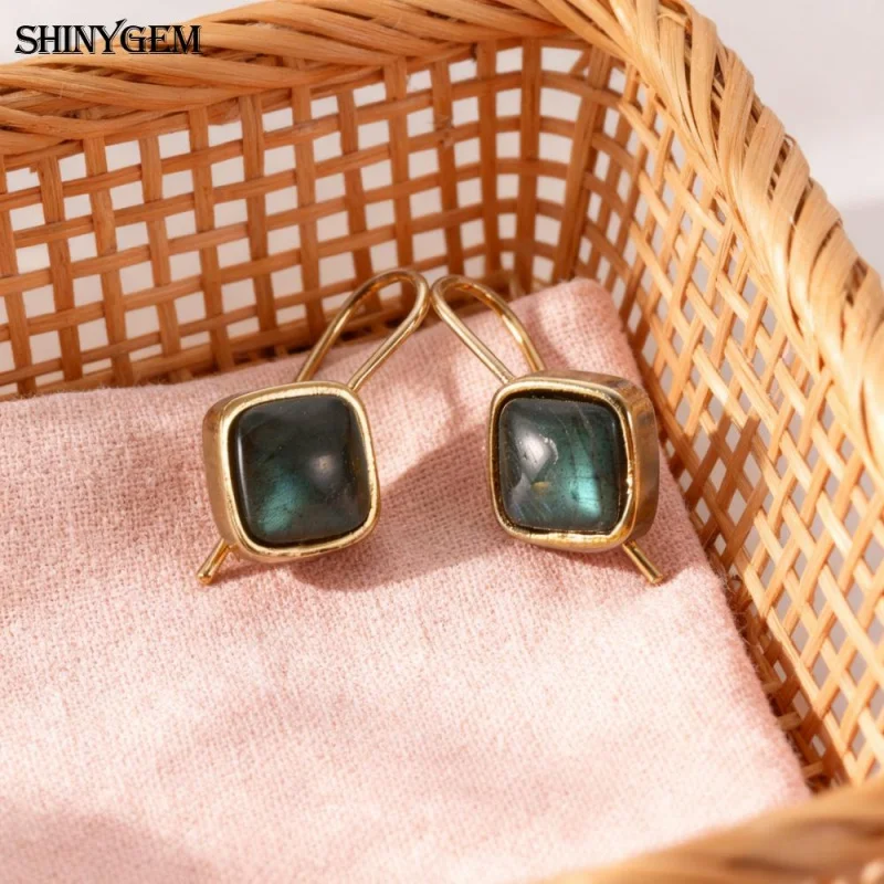 

SHINYGEM Elegant Jewelry Natural Crystal Gemstone Strawberry Rose Quartz Labradorite Dangle Earrings Women Gold Plated Eardrop