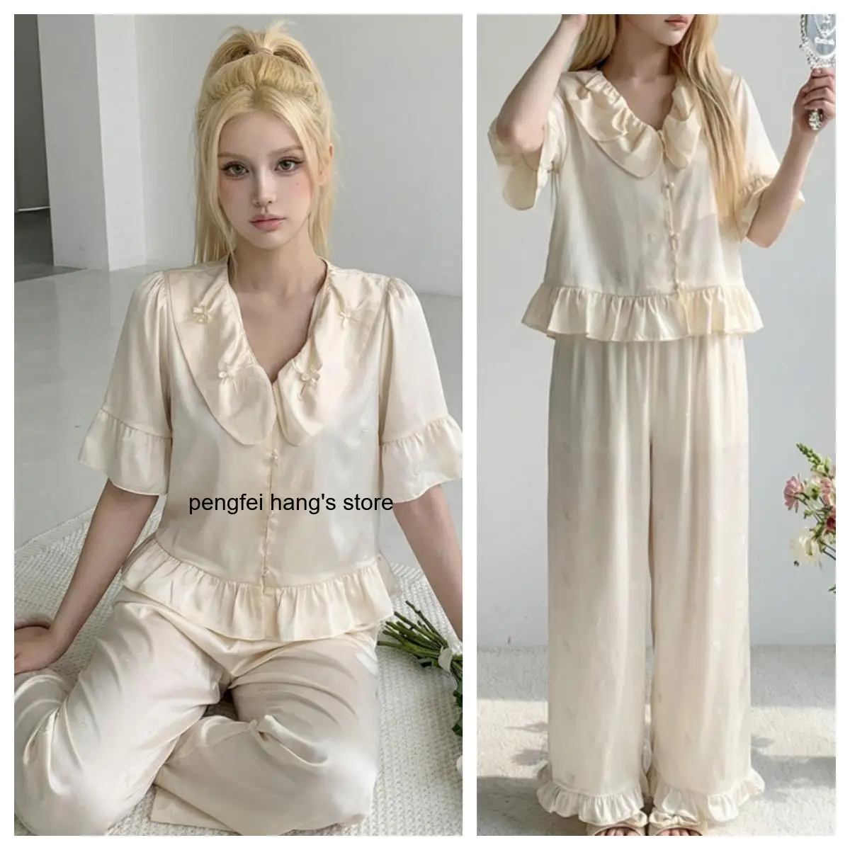 Women Sweet Elegant Summer Loungewear Vestidos Ice Silk French Jacquard Peter Pan Collar Ruffle Short Sleeve Top Pants Pajamas