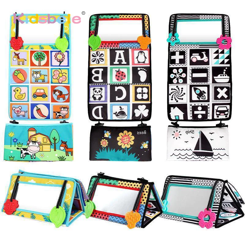 赤ちゃん用のしわクロス付きミラー玩具、フリップブック、ソフトテーザー、白黒、教育学習玩具、高コントラスト、おなかタイム