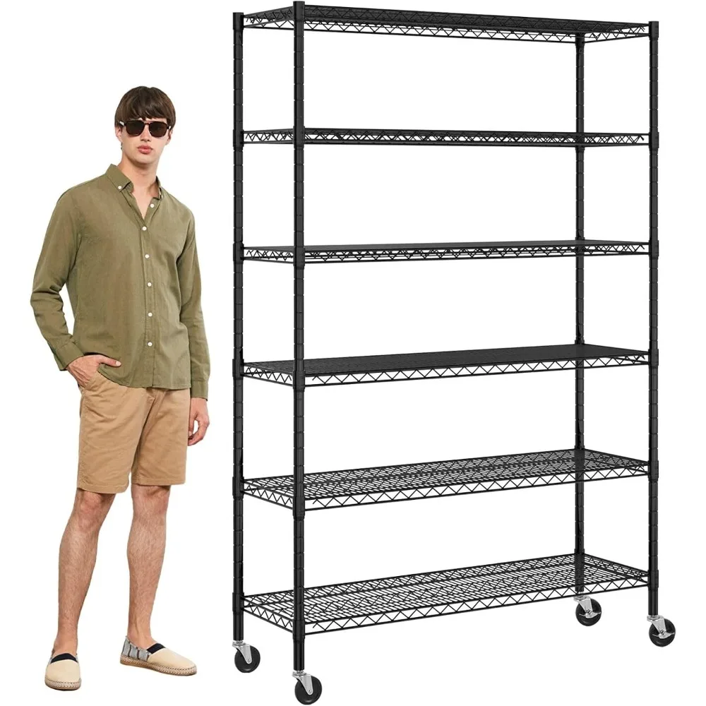 6 Tier Storage Shelves, 5999 Lbs Capacity Metal Shelf with Wheels Height Adjustable NSF Certification 48