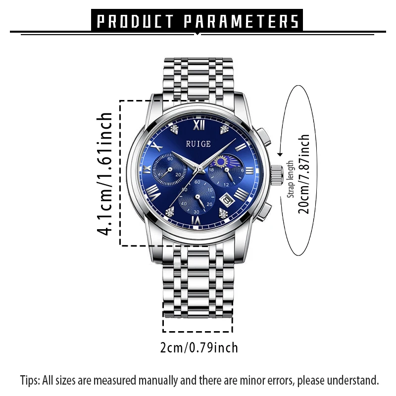 루이게 야광 삼안 육침 스테인리스 스틸 시계줄 쿼츠 시계 패션 트렌드 레저 선물 남성용 손목시계