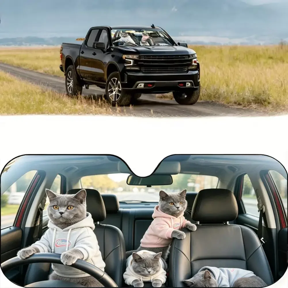 

Russian Blue Cat Driving3 Car Windshield Sun Shade Aluminum Foil UV Heat Insulation Foldable Cover