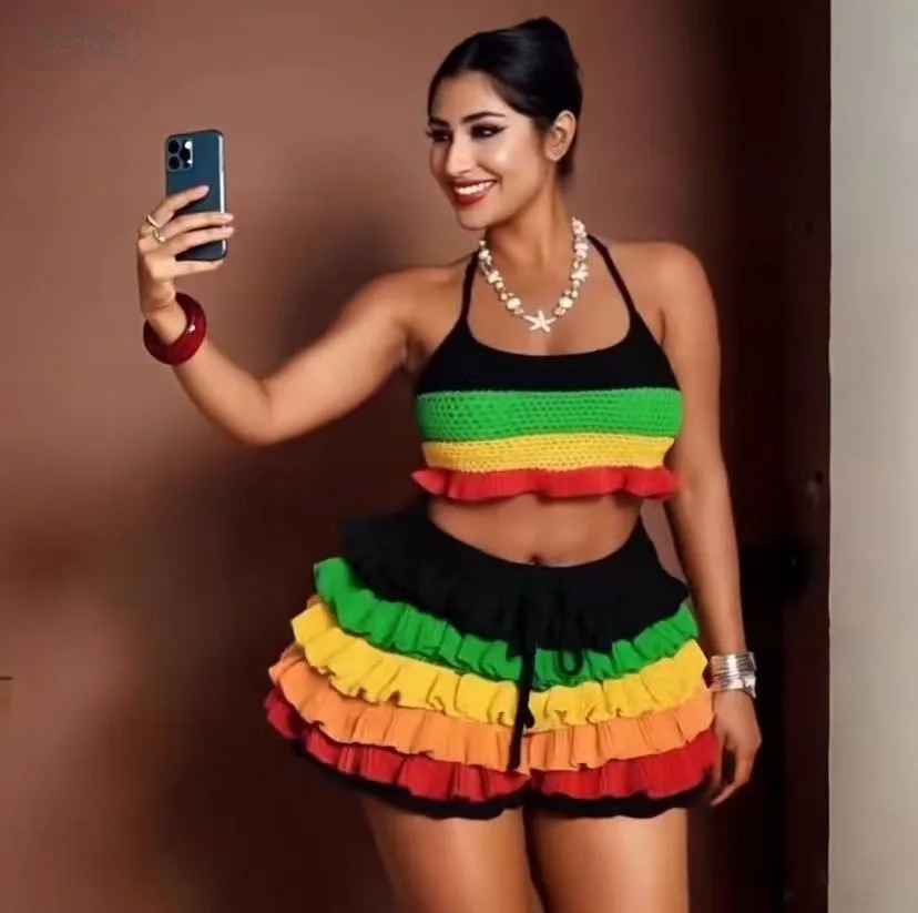

STYLISH LADY Sexy Club Knitted Two Piece Set 2026 Summer Women Rainbow Striped Crochet Halter Top And Tiered Ruffle Shorts