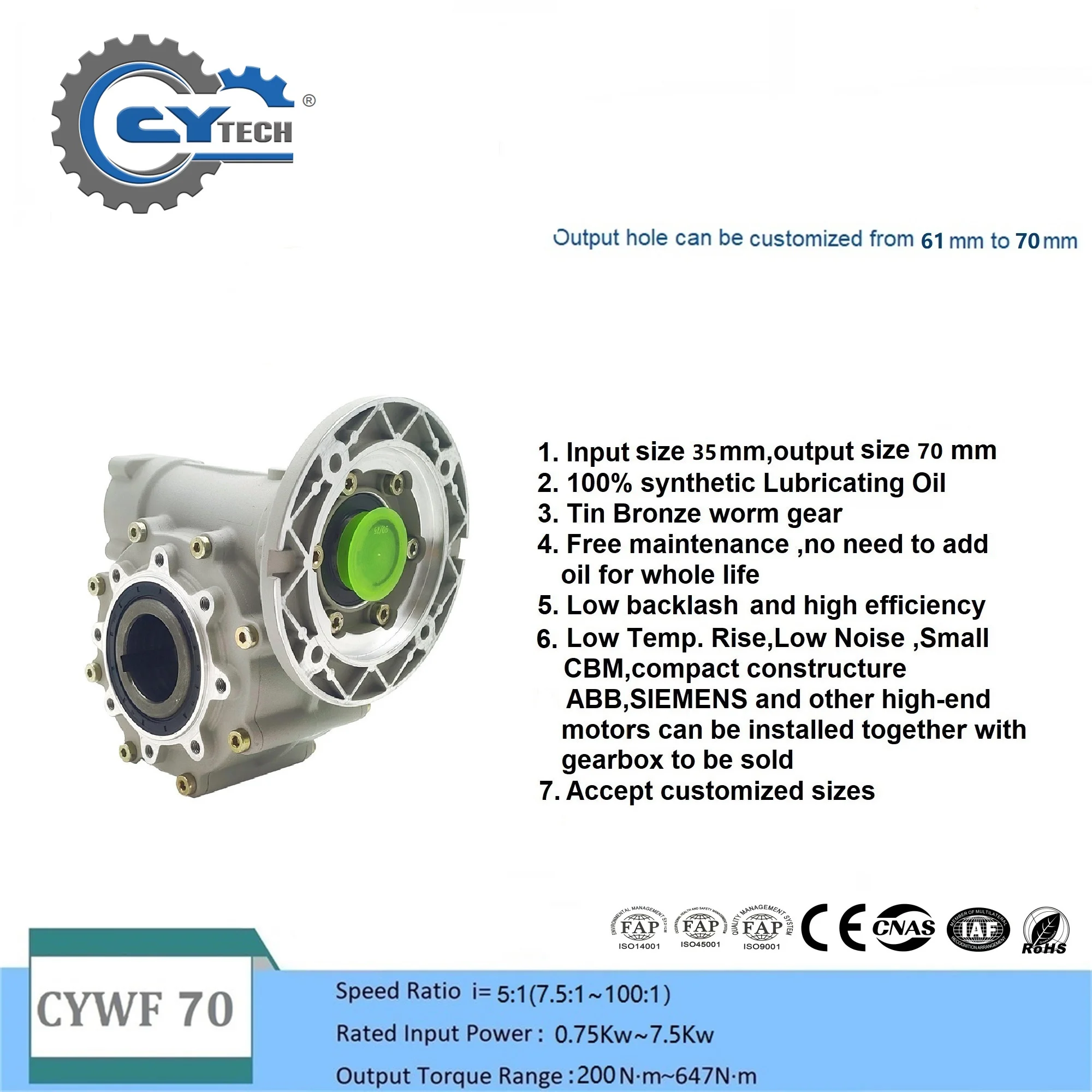 CHENYUE Big output Bore Worm Gearbox CYWF70 Input 35 Output 70mm Ratio 5:1/100:1 Torque 200-647N.m Engine 7.5Kw Free Maintenance