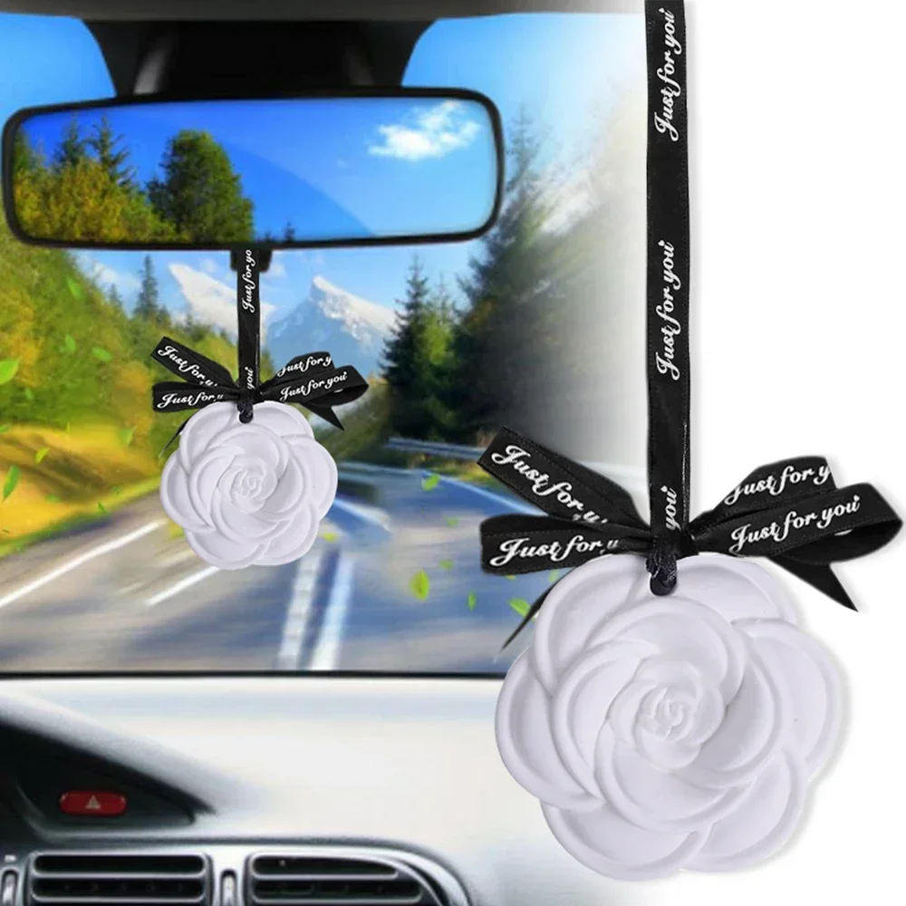 Air Freshener Car Interior Hanging Decoration White Flower Car Pendant Long-Lasting Elegant Plaster Wax Tablet Car Decoration