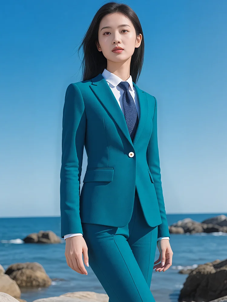 

Peacock Blue Women's Suit Set Professional Business Attire for Sales Office Long Sleeve Long Pants Polyester Viscose Spandex
