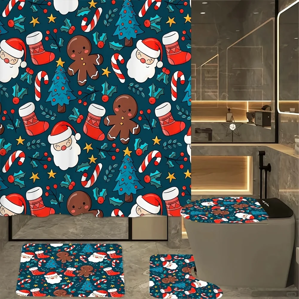 

Christmas Theme Bathroom 4-Piece Set: Shower Curtain, Bath Mat, Toilet Cover, Tank Cover – Festive Holiday Decor