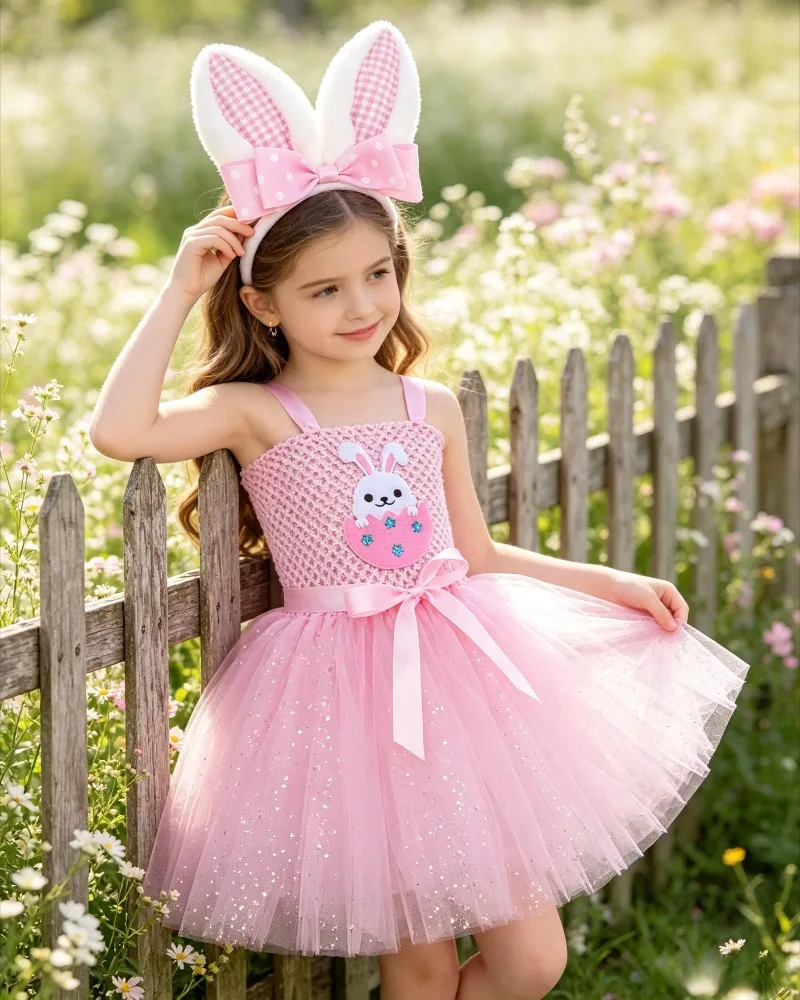 Halloween Kids Pink Glitter Mesh Tutu Dress Set With Rabbit Ear Headband Girls Fluffy Sparkle Tulle Outfit Layered Party Skirt