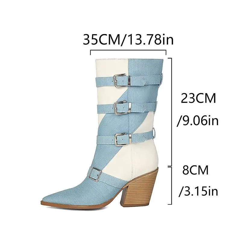 REAVE CAT 2026 Women Mid Calf Boots Pointed Toe 8cm Chunky Heel Slip On Belt Buckles Mixed Color Big Size 41 42 43 Black Blue