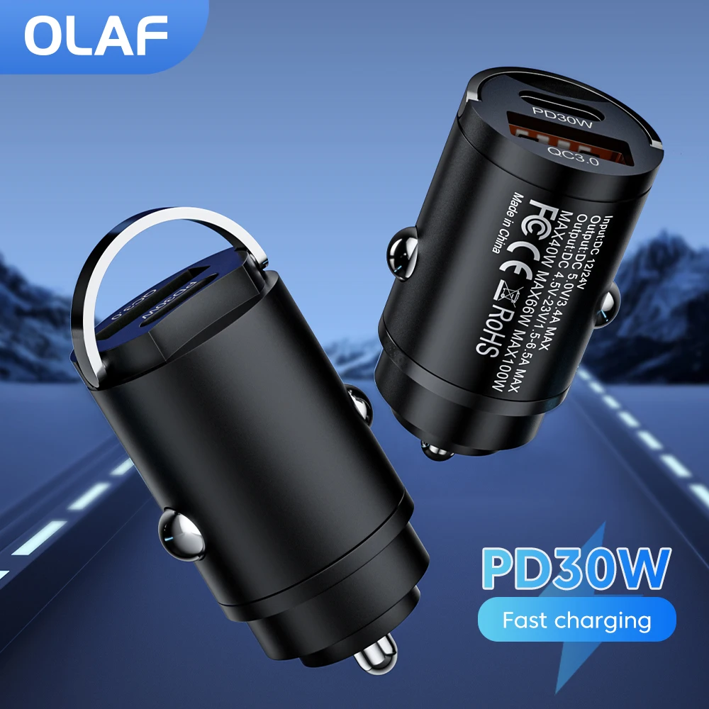 Mini PD 30W USB C Car Charger Fast Charging QC 3.0 USBC Car Phone Charger Adapter For iPhone 14 13 12 iPad Sumsung Huawei Xiaomi