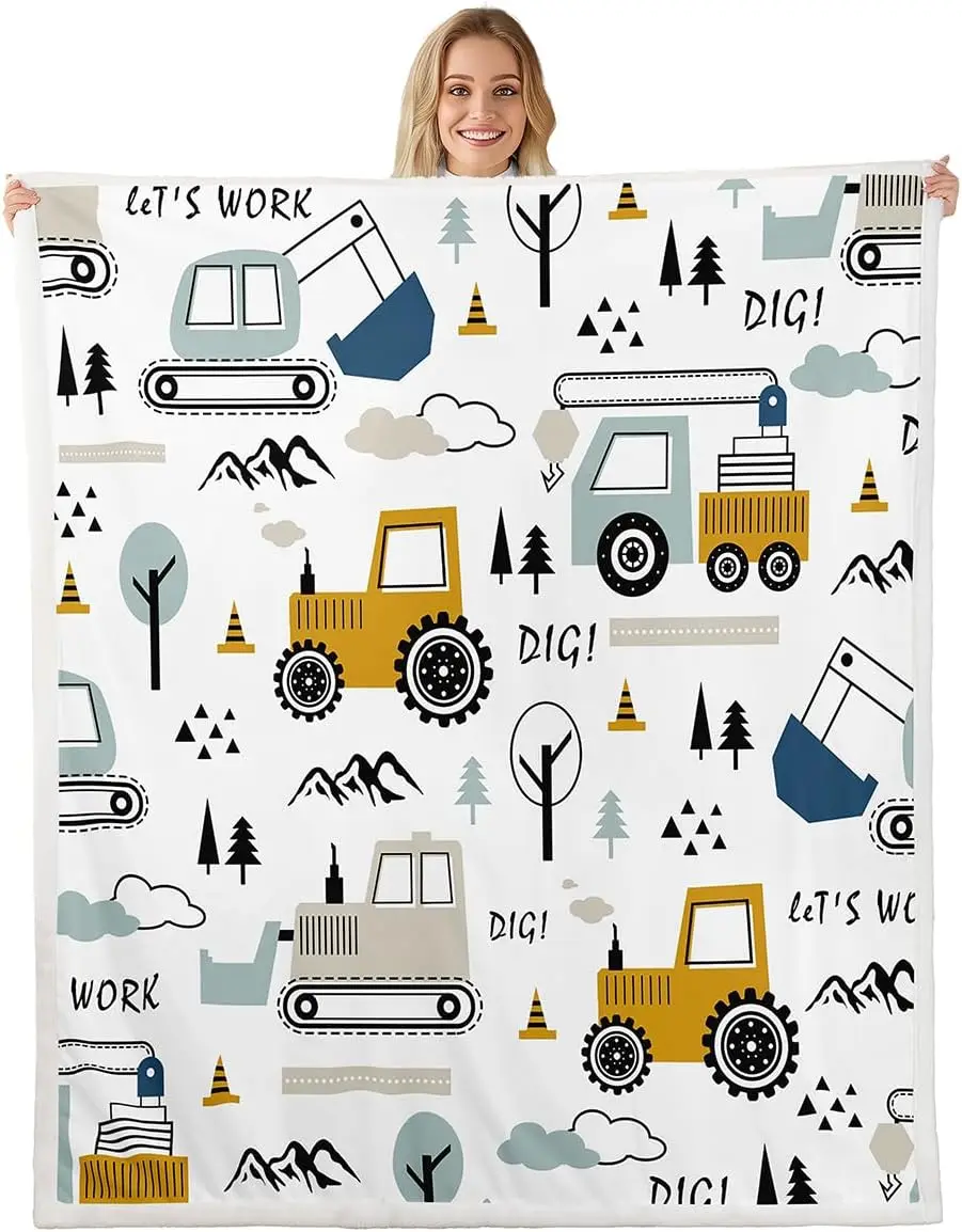 

Cartoon Car Kids Fleece Throw Blanket Construction Sherpa Blanket Decor Equipment Trucks Plush Blanket Cartoon Car Excavator