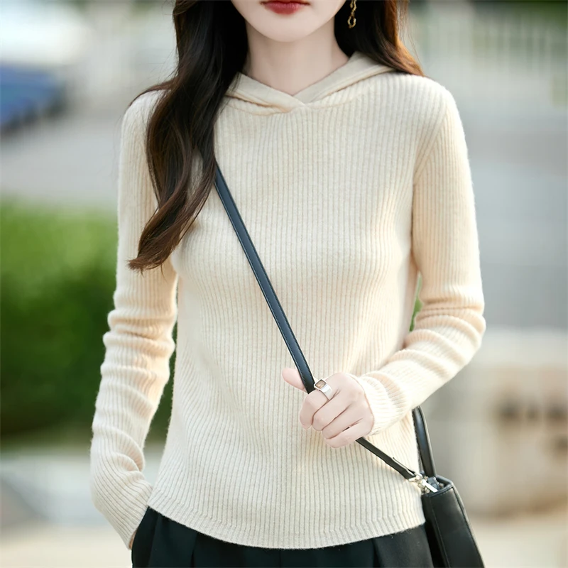 

100% Pure Wool Knitwear Hooded Pullover Spring Autumn Winter New Cashmere Sweater Hoodie Women's Casual Knit Wool Jumper Tops