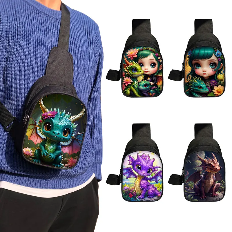 Cute Dragon Baby Pattern Chest Bags Fantasy Animal Crossbody Bags Cartoon Animals Shoulder Bags Purse Phone Key Holder