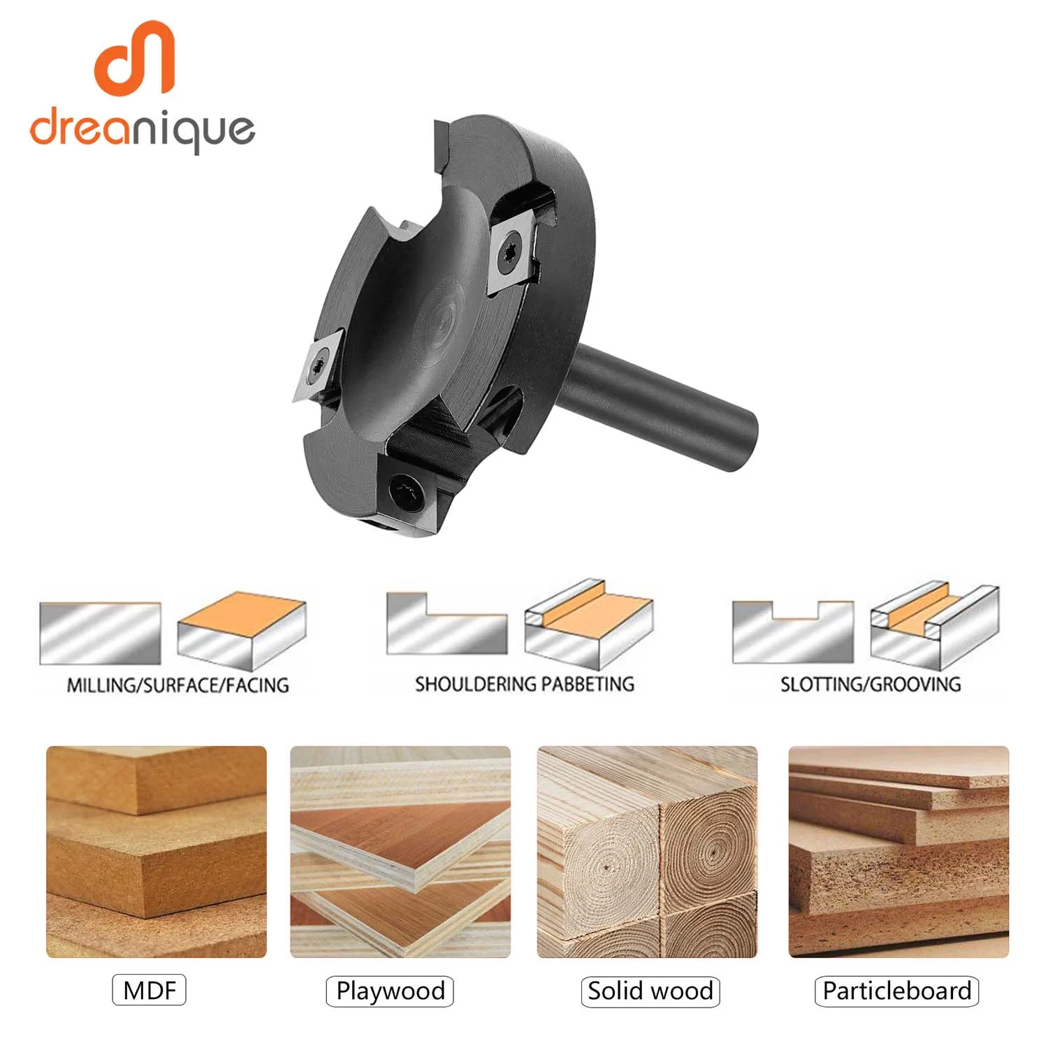 Dreanique 2-Flute Wood Planer Bit 38.1mm 45mm Cutting Diameter 8 12 mm Shank Spoilboard Surfacing Router Bit Insert Carbide Slab