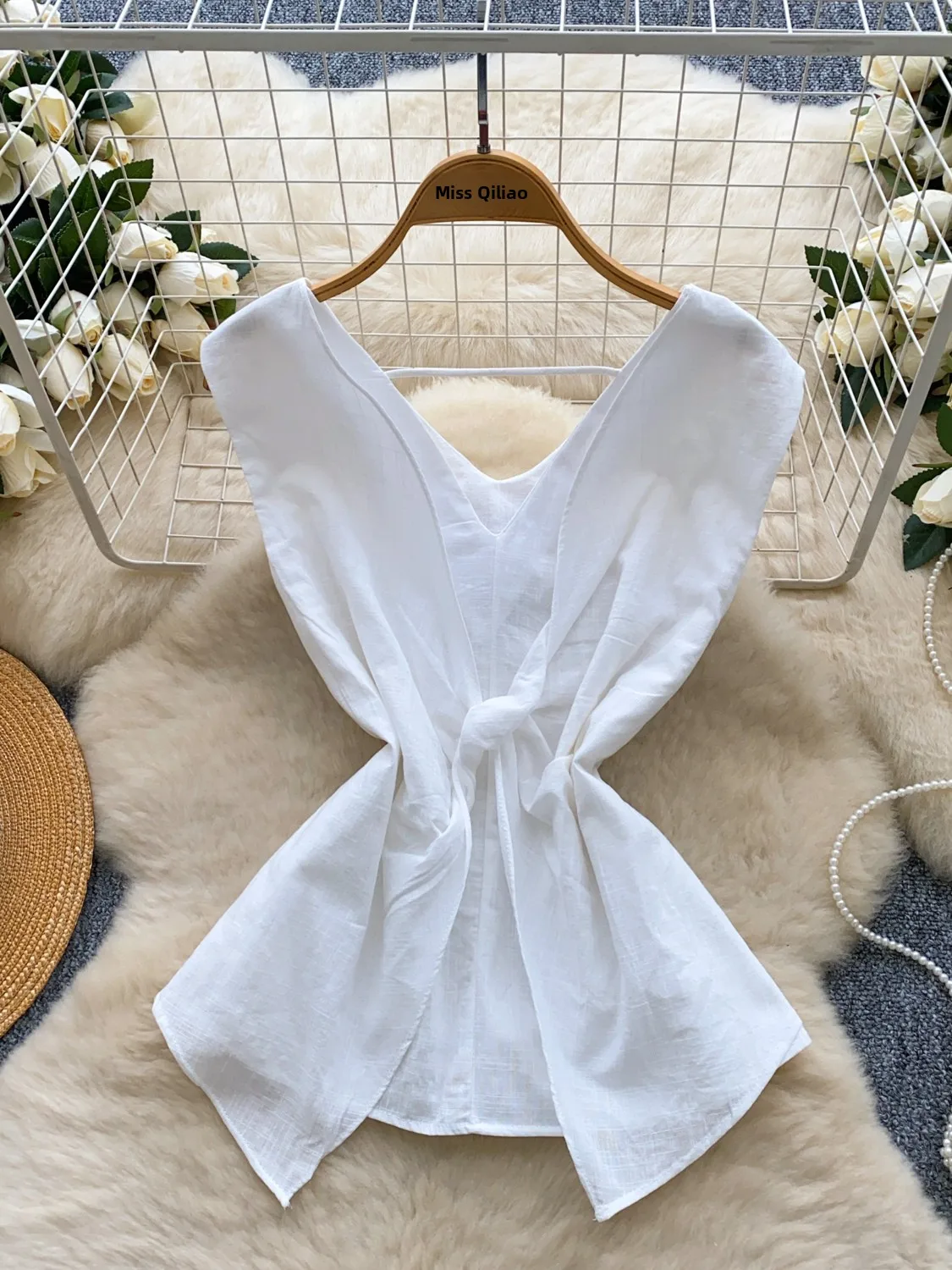 

Ele mat V-Ne Svel irt Women's Summer Knot Slimming Beautiful Unique Personali Top Trendy Korean Sle