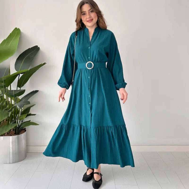 Fashion Solid Color POLO Neck Long Sleeved Dresses Casual Commuting Style Ruffles Skirts Elegant A-line Holiday Dress for Women