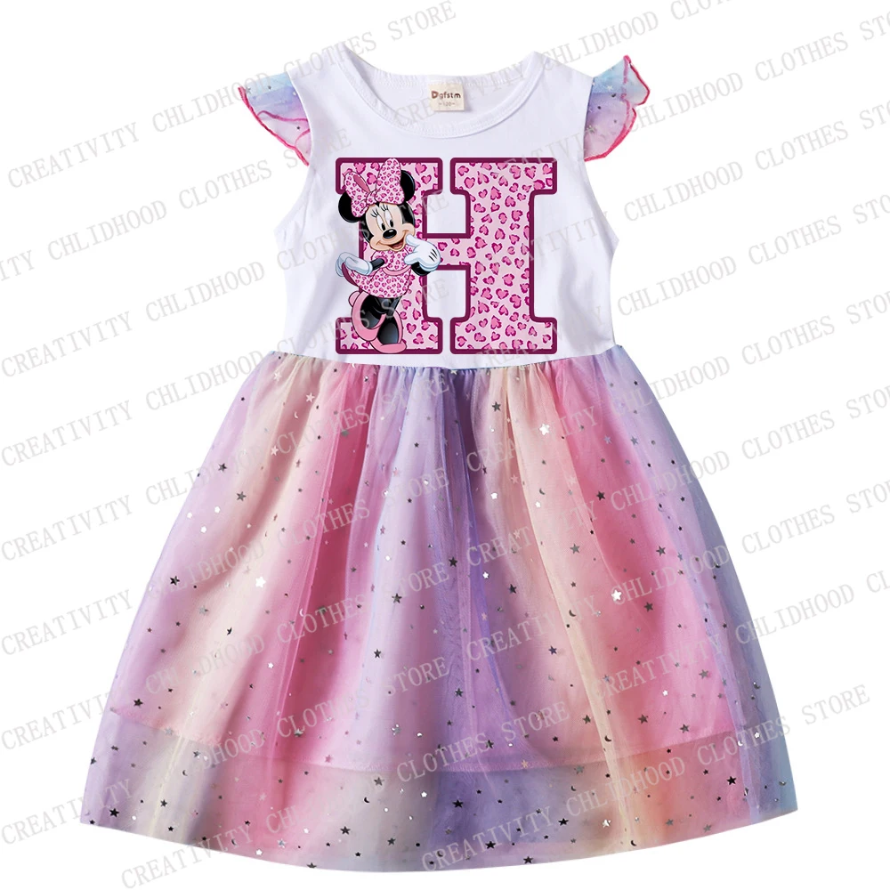 Disney-Minnie Mouse Meninas Vestido, Vestidos de desenhos animados infantis, Roupa de bebê, letra A, B, C, D Combinação Nome, Gaze, Casual