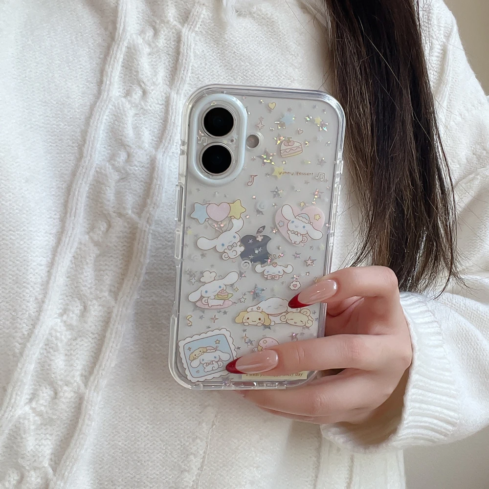 Capa de Celular Transparente de TPU Macio com Glitter e Estrelas Brilhantes do Cinnamoroll da Sanrio para iPhone 17 16 15 14 13 Pro Max