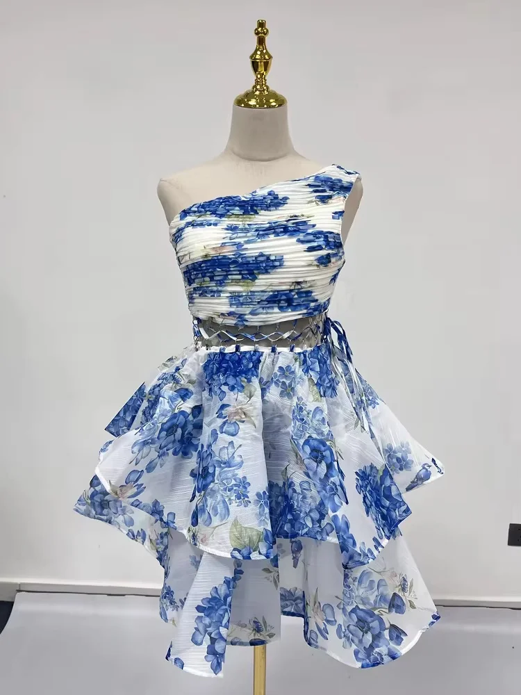 Feminino elegante flor impresso mini vestido ombro inclinado sem costas em camadas plissado rendas até retalhos a linha robe y2k vestido de noite