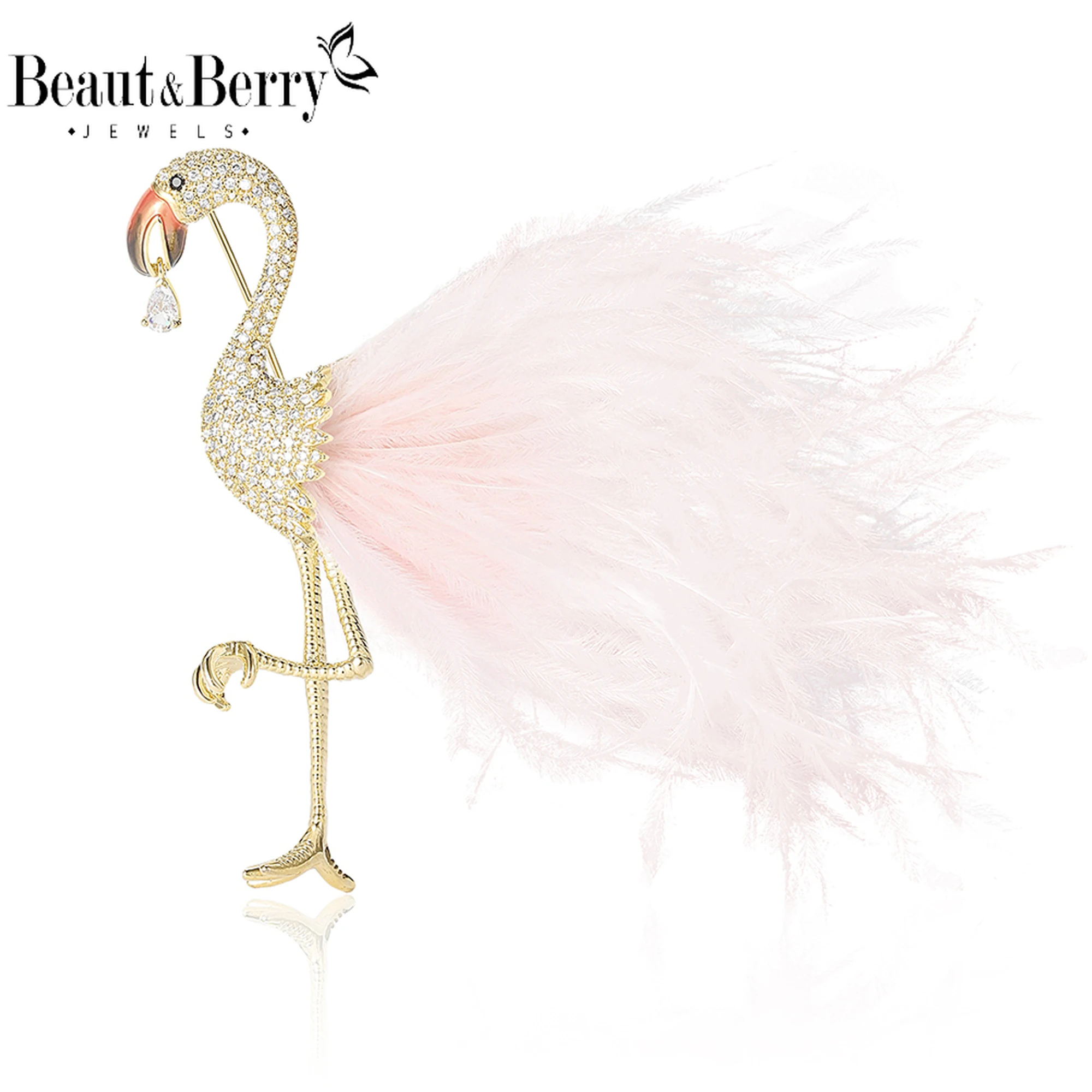 

Beaut&Berry Luxury Zirconia Flamingo Brooches for Women Unisex Animal Pins Casual Party Accessories New Gifts Friends Decoration