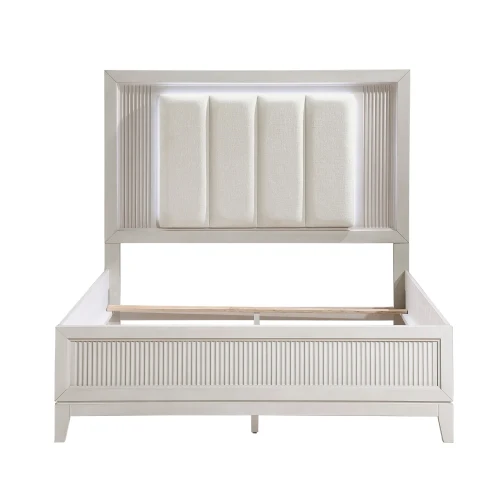 ！@Modern Antique White Finish Queen Bed with LED Headboard Upholstered Cushion Modern Bedroom Furniture Reeded Fronts