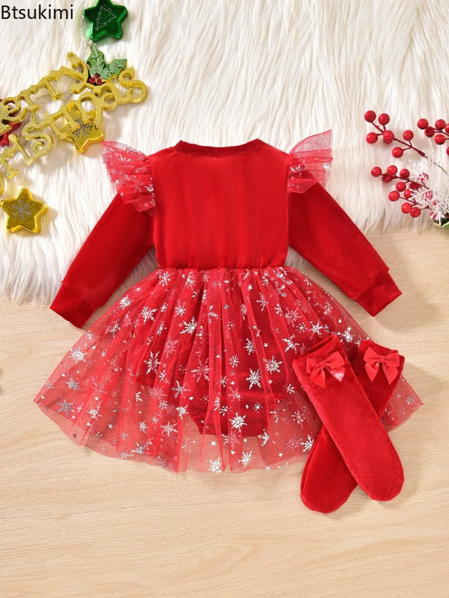 Winter Baby Girls' Christmas Velvet Bodysuit Dress Santa Printed Tulle Tutu Dress with Bow Matching Socks Newborn Party Outfit