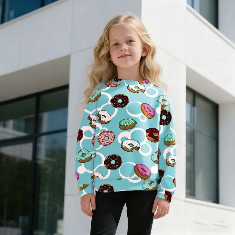 

2025 Popular Cute Donut Print Kids Sweatshirt - Girls' Long Sleeve Casual Fashion Pullover with Cartoon Food Pattern