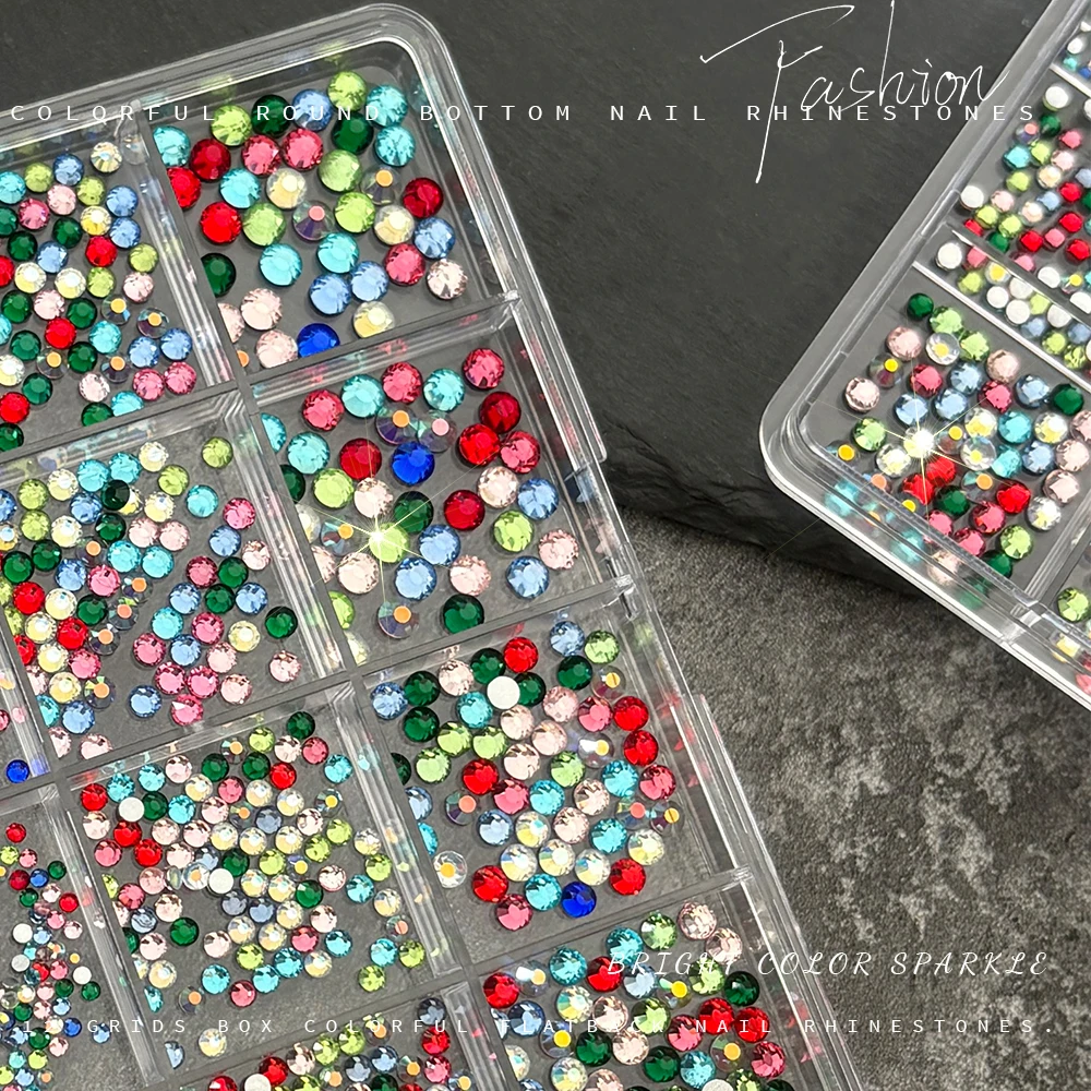 1Box 12-Grid Mixed Color Flatback Nail Art Rhinestones Multi-size Sparkling AB Crystal Nail Salon Supplies & Craft Embellishment