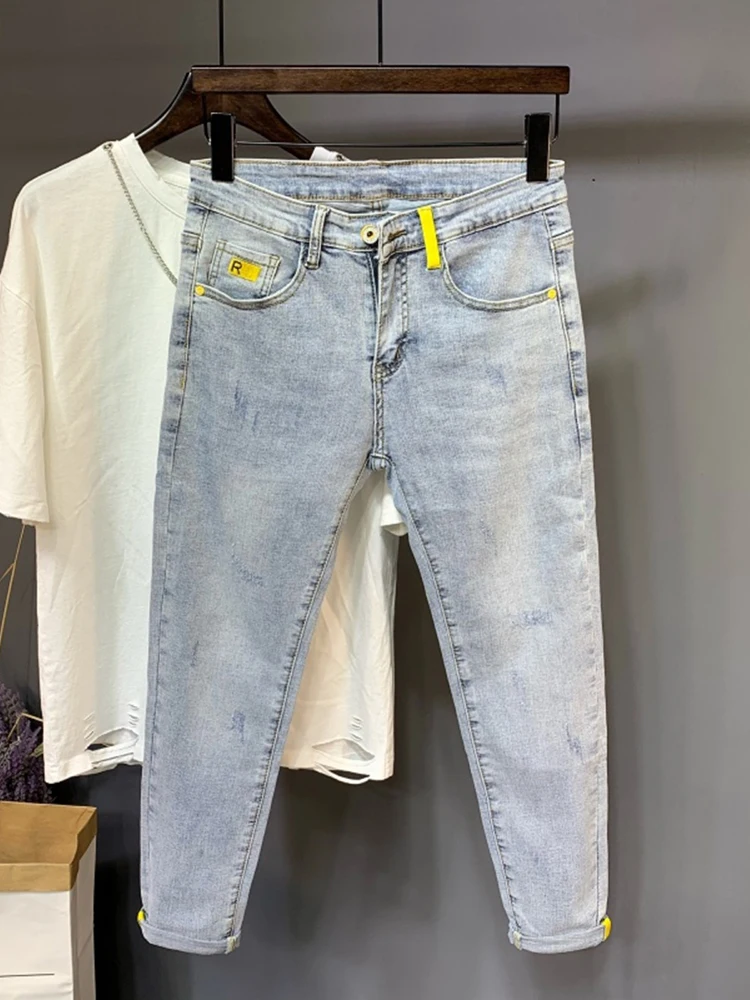 

Summer Thin Light Blue Jeans Men's Korean Sle Faion Slim Fit Nine Points 2024 New Casual Pants Youth Wear Daily Use