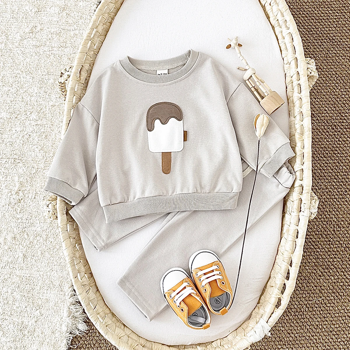 2024 Fall Baby Sets Boy Infant Clothing Toddler Casual Cotton Home Wear Ice Cream Long- Sleeved Pullover+Pants Children\'s Suits