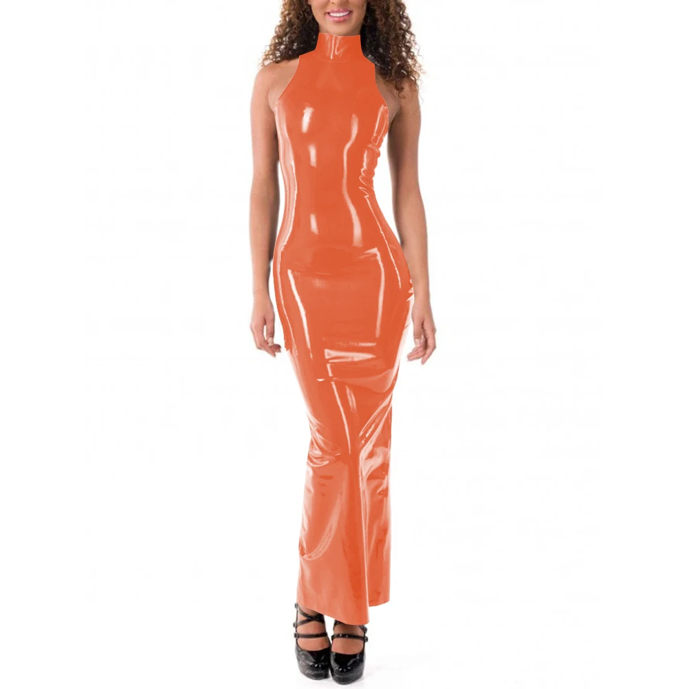 

Plus Size Women Sleeveless Stretch Slim Hobble Maxi Dress Faux Latex Sexy Hip Wrap Bodycon Dress Female High Neck Dress Party