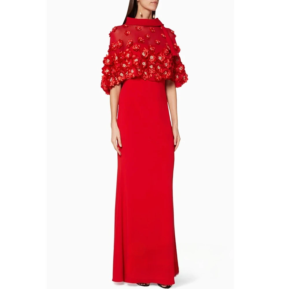 

Arabian Evening Dress with Flowers Cape Customized Strapless Sleeveless Pearls Mermaid Prom Gown Wedding Party Dresses Exquisite