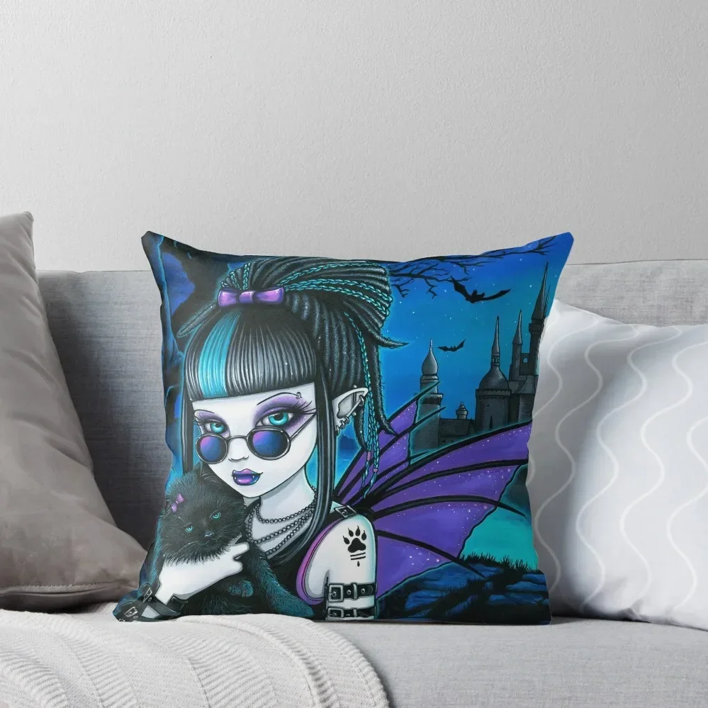 

Ameila Vampire Moon Black Cat Blue Castle Fairy by Myka jelina Throw Pillow Cushions Bed pillowcases pillow