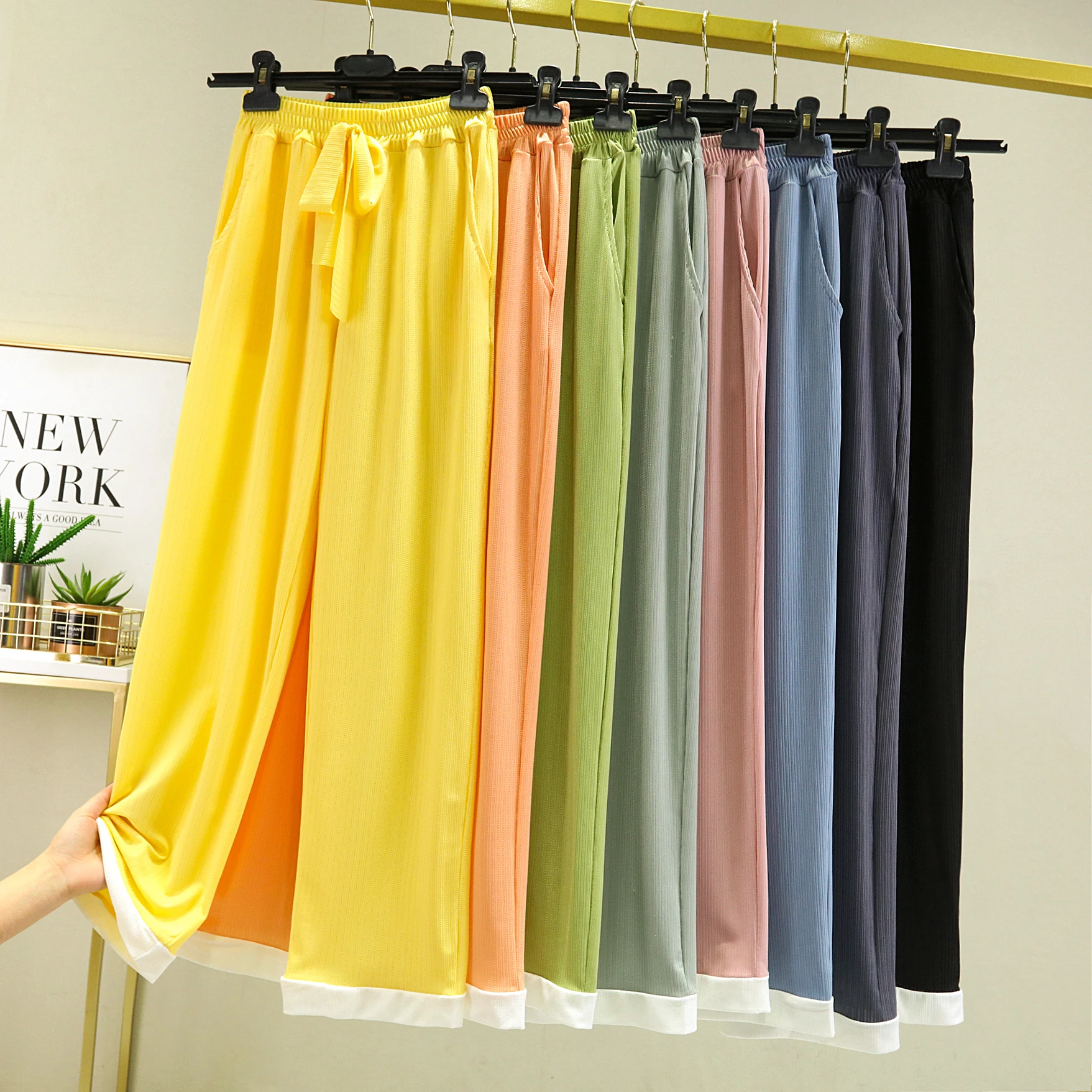 Pantalon drapé Modal à jambes larges pour femme, ample, amincissant, décontracté, taille haute, grande taille, fin, soie glacée, droit, Long, printemps été