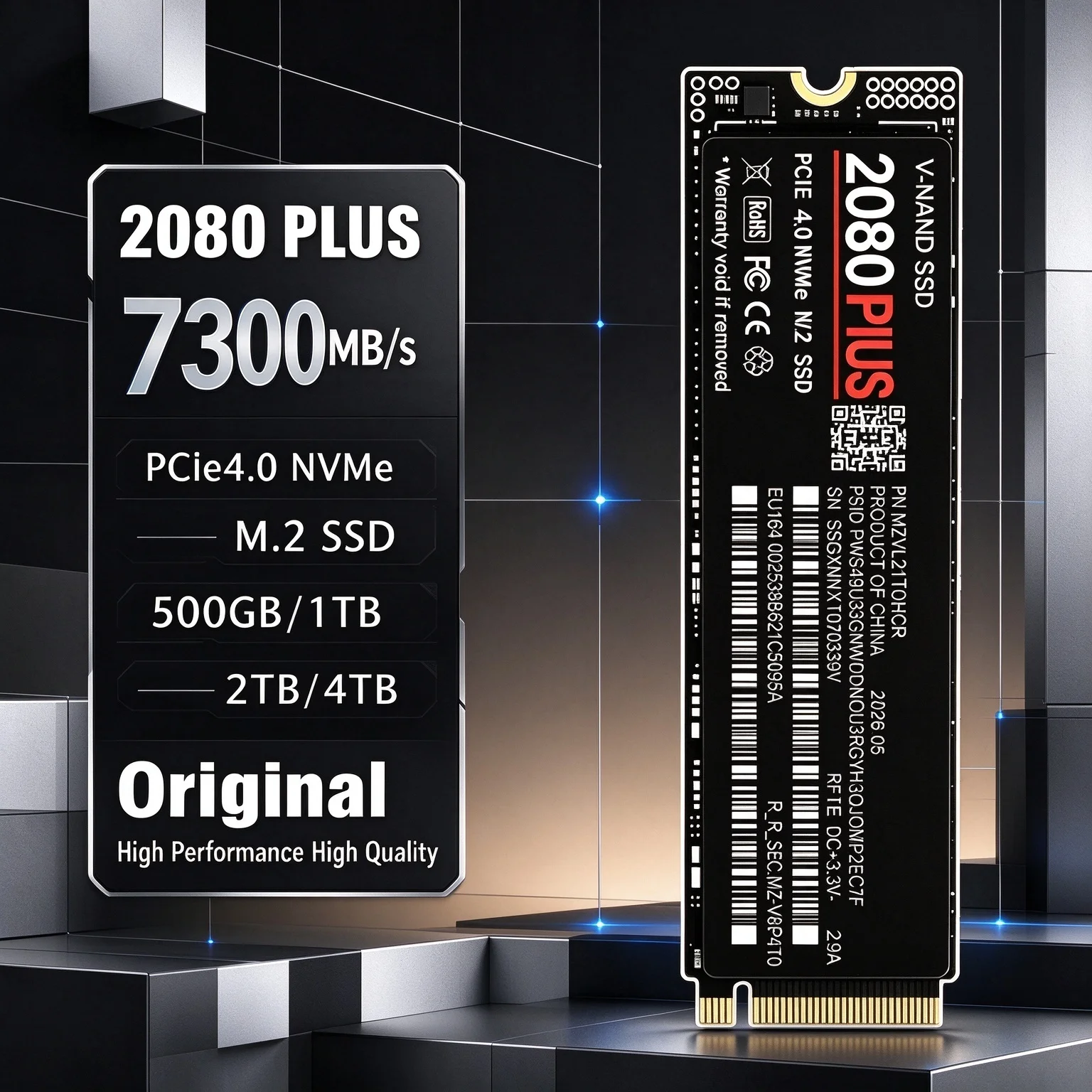 500GB to 4TB 2080 PLUS NVMe M.2 2280 Internal SSD PCIe 4.0 X4 7300MB/s TLC 3D NAND Solid State Storage for PS5 Gaming PC