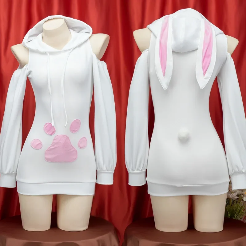 

Hot!Sexy Women Cute Cat Claw Plush Sweater Hooded Zipper Anime cartoon Tail Skirt Rabbit Dva Costume Night Club Cosplay Dress