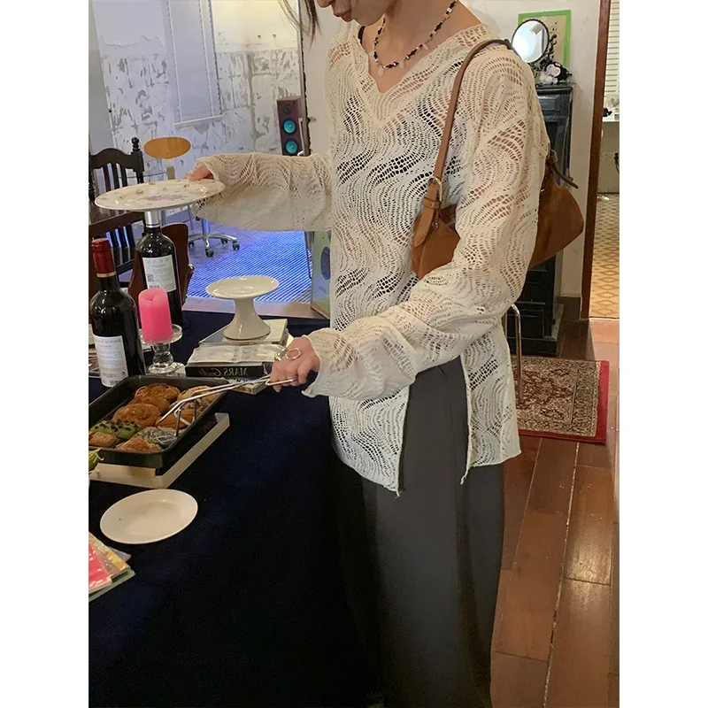 T-shirty z długim rękawem dla kobiet 2025 Ropa Mujer Hollow Out Casual Fashion Y2k Tops Thin Camisetas Summer Tees See Through Tshirt