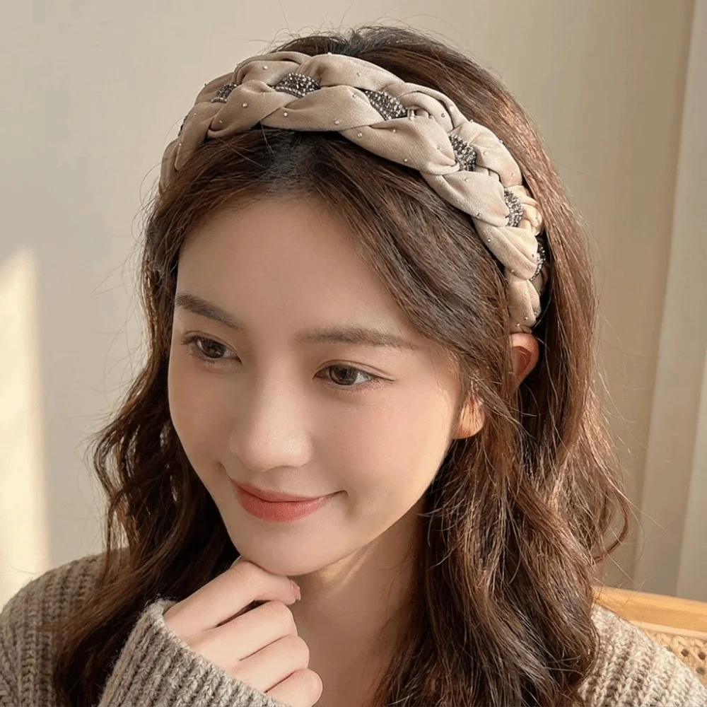 Wide Brim Rhinestone Headband Twisted Knotted Non-Slip High Cranial Hair Hoop Elegant Soft Fabric Braided Hairband Women
