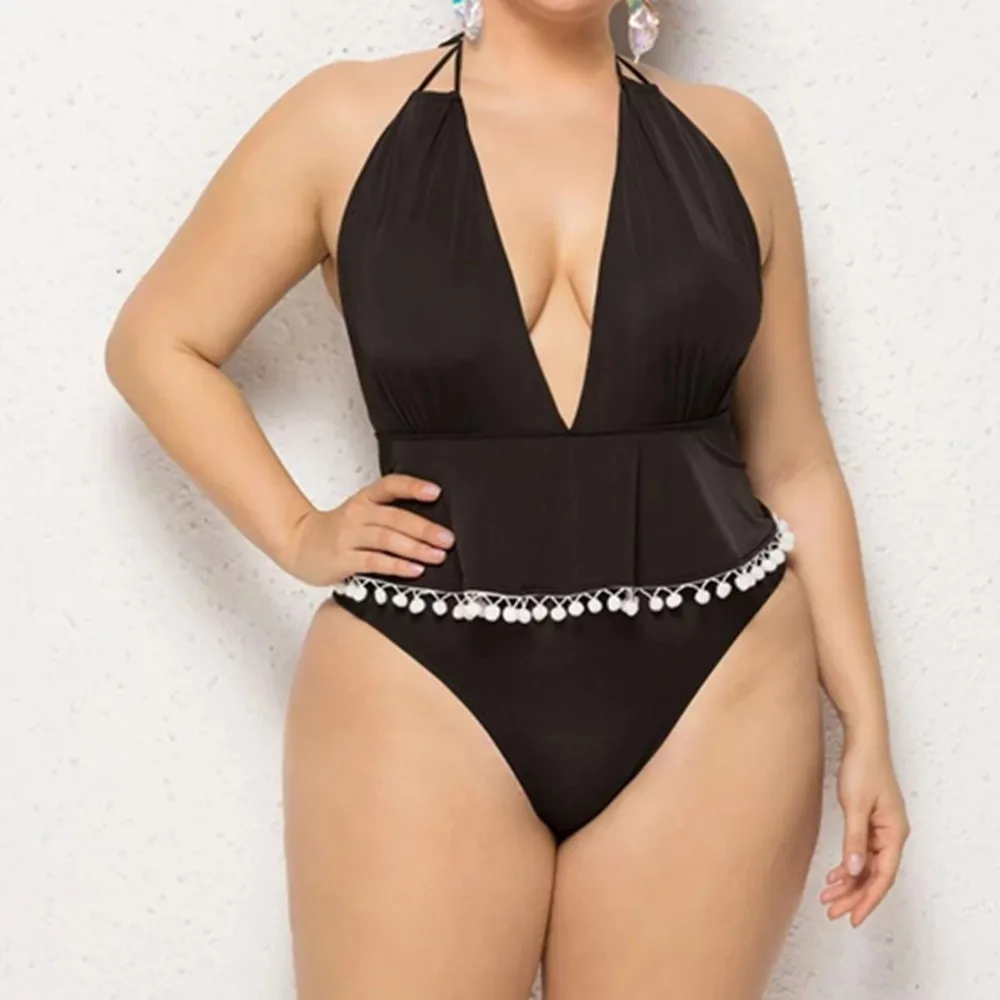 

Новинка 2025, цельный купальник большого размера в европейском и американском стиле, юбка типа с бахромой, однотонные плавки с открытой спиной