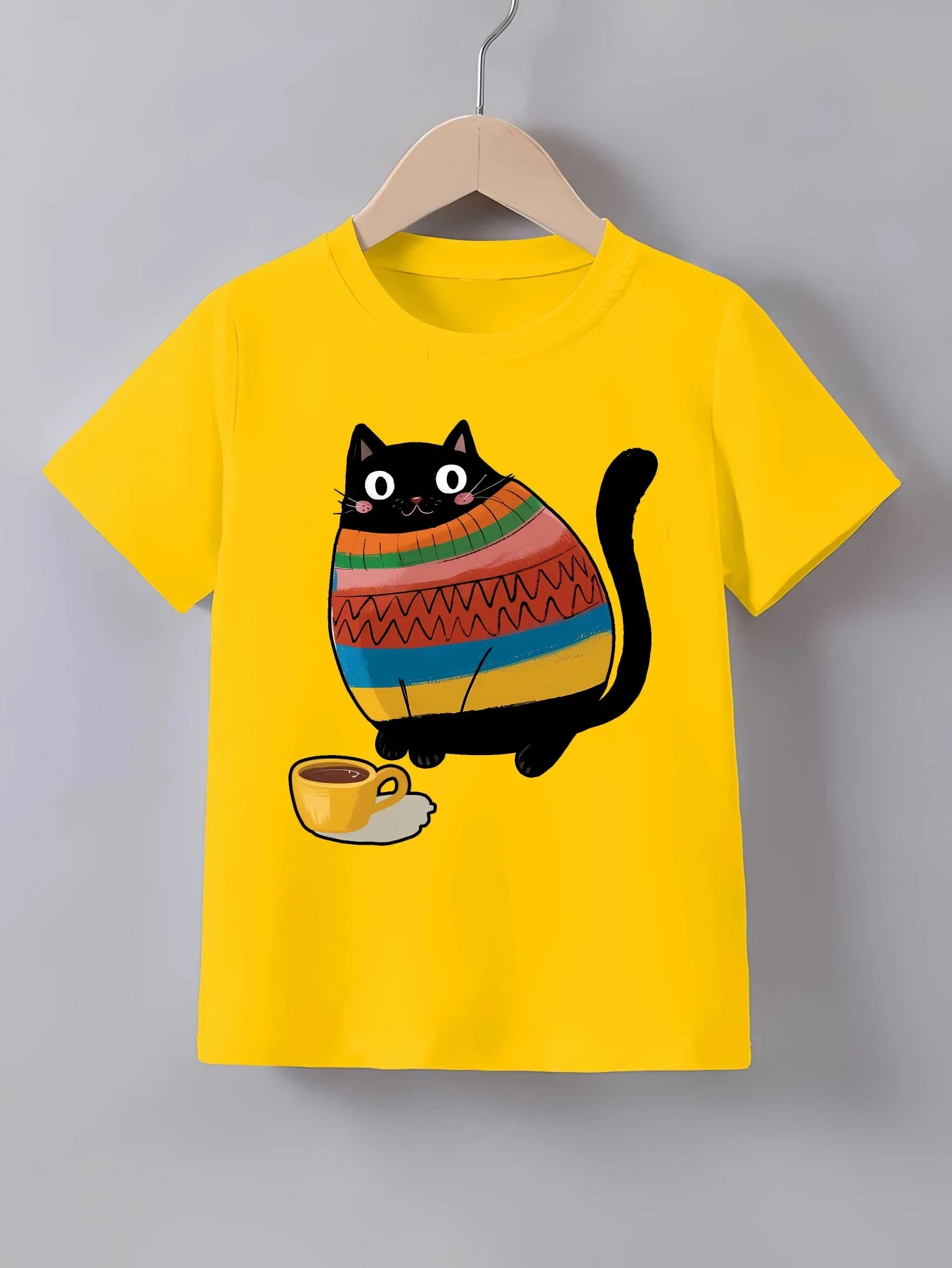 Chubby Black Cat In Color Sweater Coffee Cup Print T Shirt Family Matching Outfit Boys Girls Kid Short Sleeve Children Daily Tee