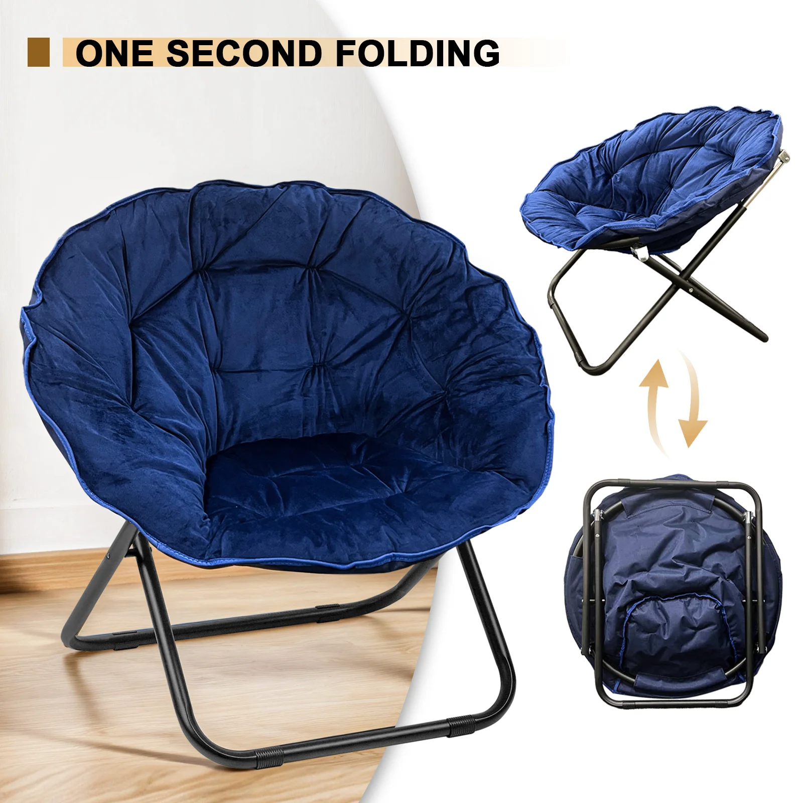 Grezone Round Foldable Saucer Chair, Moon Chair with Metal Frame for Bedroom