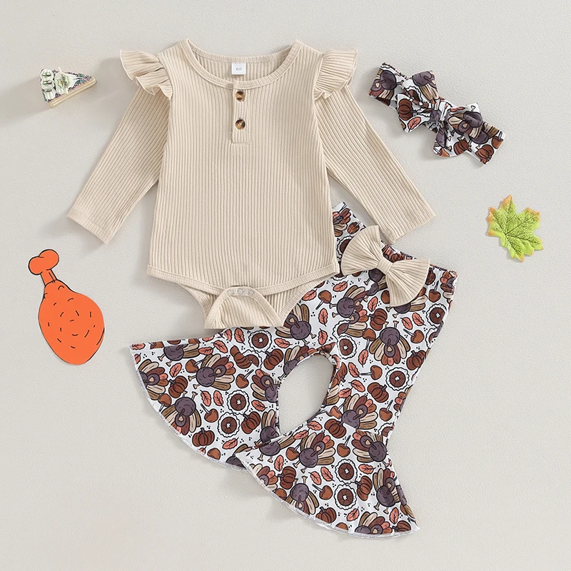 

Baby Girl Thanksgiving Outfit Set with Turkey Print Romper Flare Pants and Matching Headband for Fall Festivities