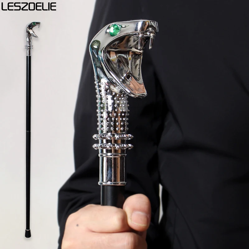

Bright Silver Cobra Head Walking Stick Man Snake With Green Eyes and Protruding Spines Walking Canes Women Walking Sticks