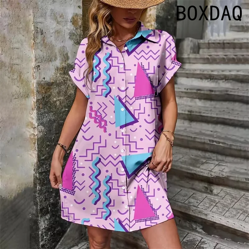 Women's Beach Mini Dress Lapel Short Sleeve Button Cardigan Shirt Dress Summer New Fashion 3D Plaid Print Shirt Dress Vestidos